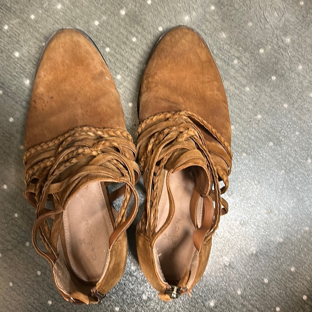 Caslon Braided Vegan Suede Booties in Cognac, size 8.5